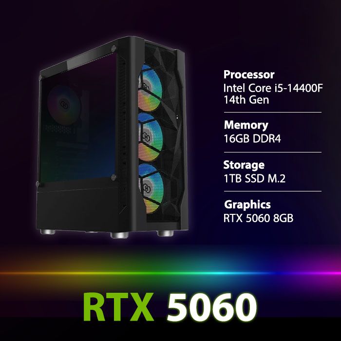 PC Gaming Intel Core i5-14400F CPU, RTX 5060 8GB GPU