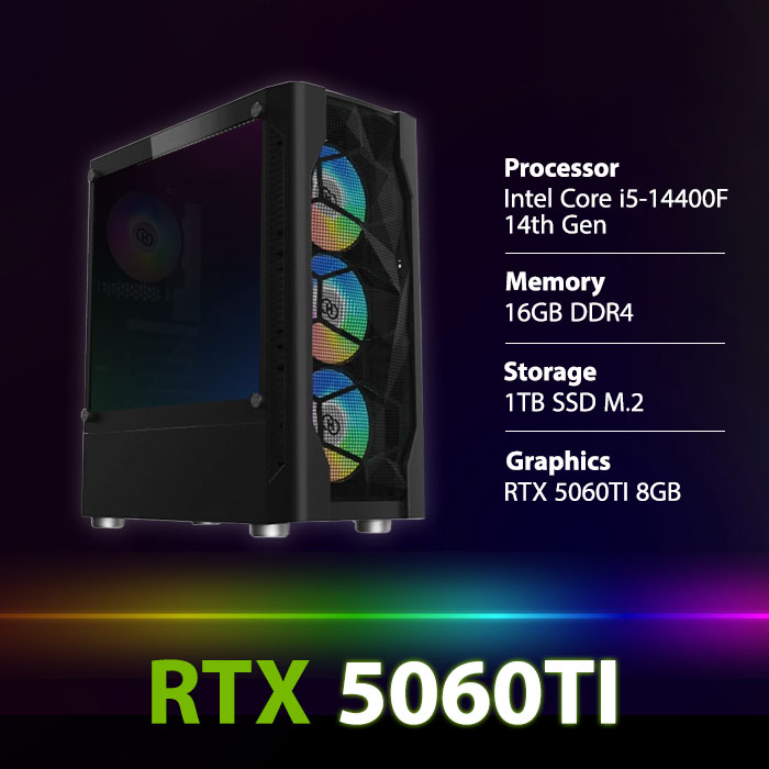 PC Gaming Intel Core i5-14400F CPU, RTX 5060TI 8GB GPU